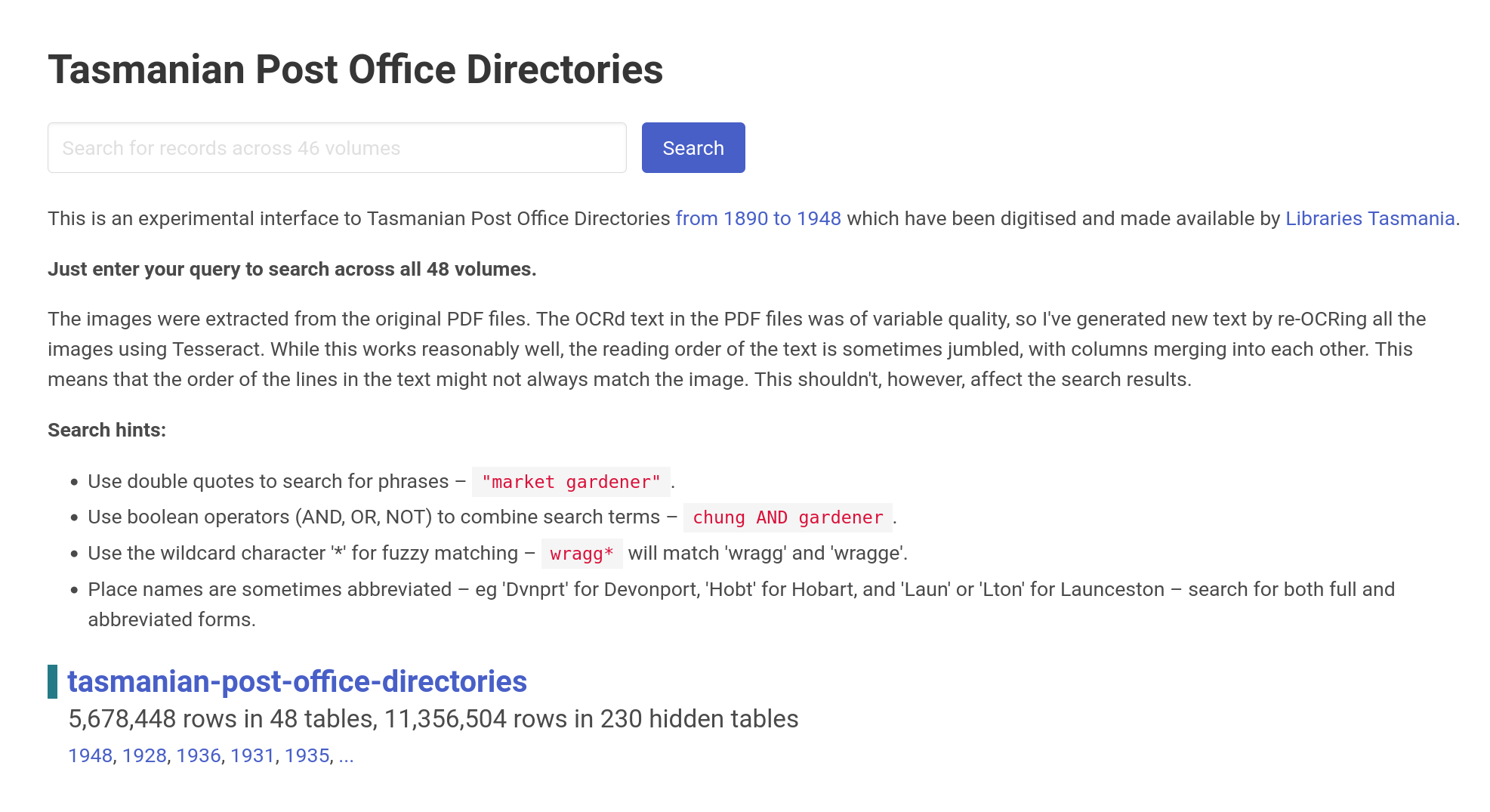 Screenshot of the Tasmanian Post Office Directories Search Interface